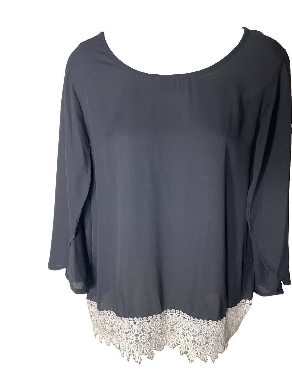 MITTOSHOP Women's Medium Sheer Black 3/4 Sleeve Blouse with White Lace Boho EUC